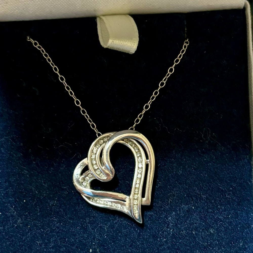 $199 1/10ct Natural Diamond Double Heart Pendant .925 Sterling Silver